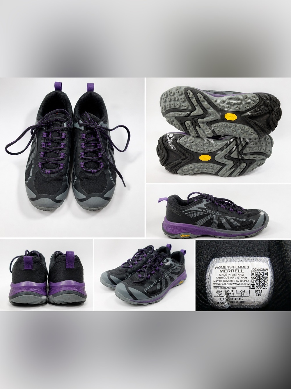 Merrell Vibram Trail Running Hiking Shoes Black Purple Womens 7W Gorpcore